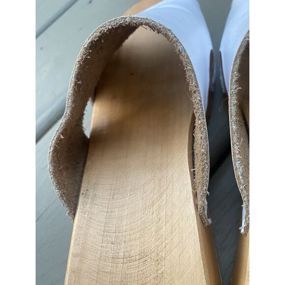 Women's Clogs Mules Sandals Open Toe Slip-On Sz 40,9.5White Leather Cut Out Wood - Picture 11 of 14